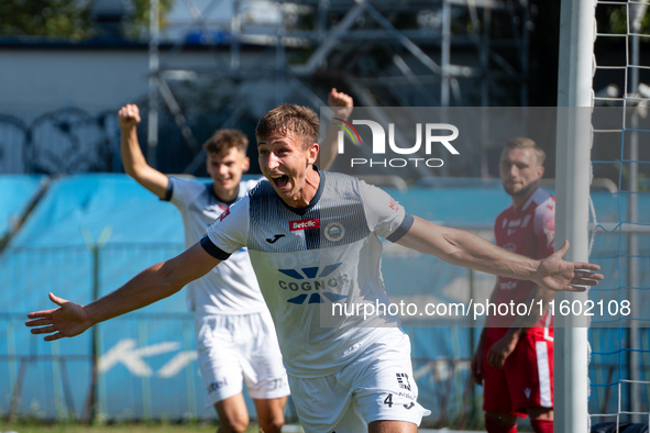 Lukasz Kedziora celebrates scoring a goal in a game between Hutnik Krakow and Resovia Rzeszow in Krakow, Poland, on September 22, 2024. Betc...