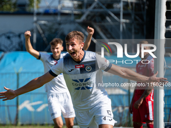 Lukasz Kedziora celebrates scoring a goal in a game between Hutnik Krakow and Resovia Rzeszow in Krakow, Poland, on September 22, 2024. Betc...