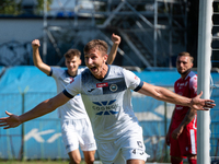 Lukasz Kedziora celebrates scoring a goal in a game between Hutnik Krakow and Resovia Rzeszow in Krakow, Poland, on September 22, 2024. Betc...