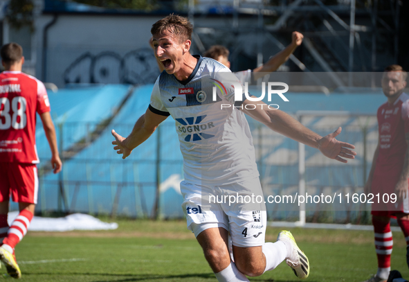 Lukasz Kedziora celebrates scoring a goal in a game between Hutnik Krakow and Resovia Rzeszow in Krakow, Poland, on September 22, 2024. Betc...