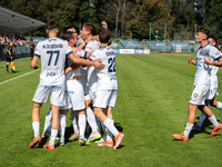 Hutnik players celebrate scoring a goal in a game between Hutnik Krakow and Resovia Rzeszow in Krakow, Poland, on September 22, 2024. Betcli...