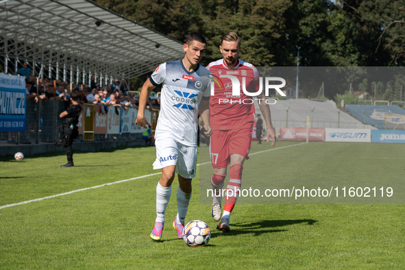 Radoslaw Adamski and Filip Jania participate in the game between Hutnik Krakow and Resovia Rzeszow in Krakow, Poland, on September 22, 2024....