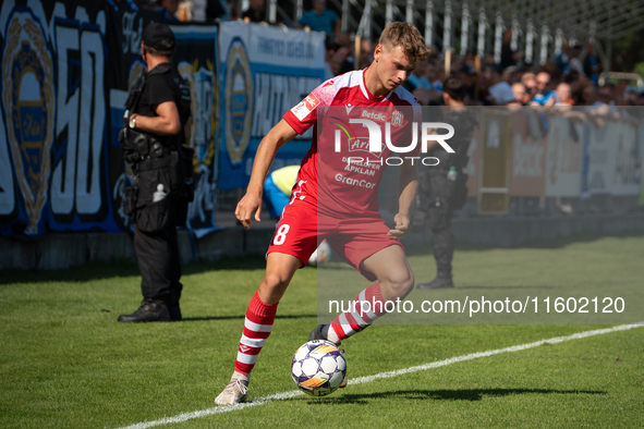 Dawid Pieniazek plays during the game between Hutnik Krakow and Resovia Rzeszow in Krakow, Poland, on September 22, 2024. Betclic 2 Liga, Po...