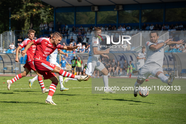 Maciej Gorski and Igors Tarasovs play during the game between Hutnik Krakow and Resovia Rzeszow in Krakow, Poland, on September 22, 2024. Be...