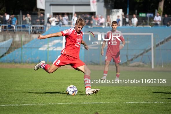 Dawid Pieniazek plays during the game between Hutnik Krakow and Resovia Rzeszow in Krakow, Poland, on September 22, 2024. Betclic 2 Liga, Po...