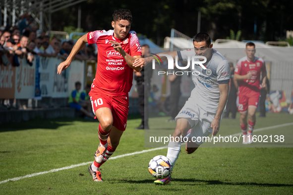 Maksymilian Hebel and Filip Jania play during the game between Hutnik Krakow and Resovia Rzeszow in Krakow, Poland, on September 22, 2024. B...