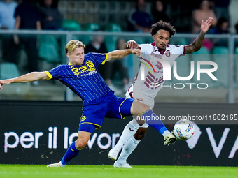 Valentino Lazaro of Torino FC and Martin Frese of Hellas Verona compete for the ball during the Serie A Enilive match between Hellas Verona...