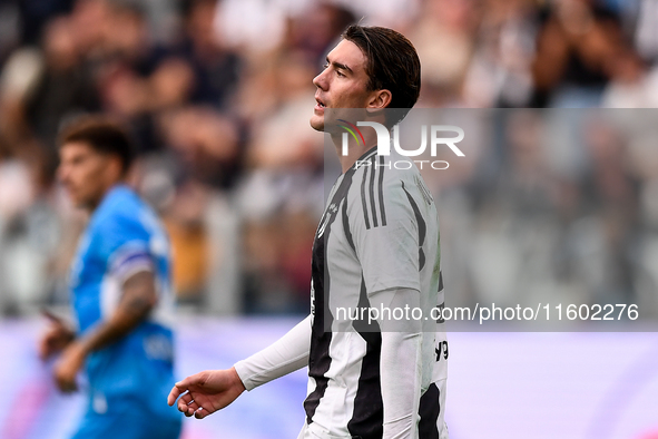 Dusan Vlahovic of Juventus shows disappointment during the Serie A match between Juventus and Napoli at Allianz Stadium in Turin, Italy, on...