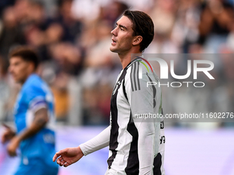 Dusan Vlahovic of Juventus shows disappointment during the Serie A match between Juventus and Napoli at Allianz Stadium in Turin, Italy, on...