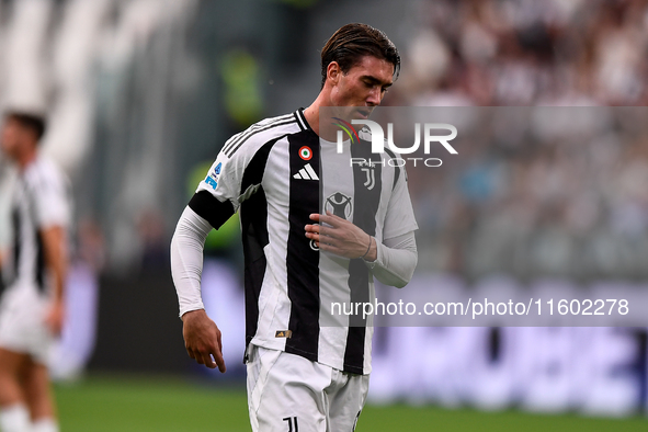 Dusan Vlahovic of Juventus shows disappointment during the Serie A match between Juventus and Napoli at Allianz Stadium in Turin, Italy, on...