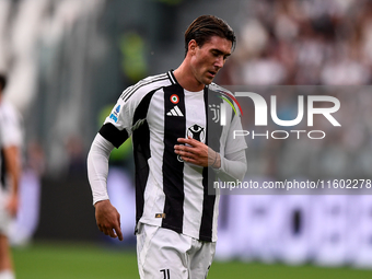 Dusan Vlahovic of Juventus shows disappointment during the Serie A match between Juventus and Napoli at Allianz Stadium in Turin, Italy, on...