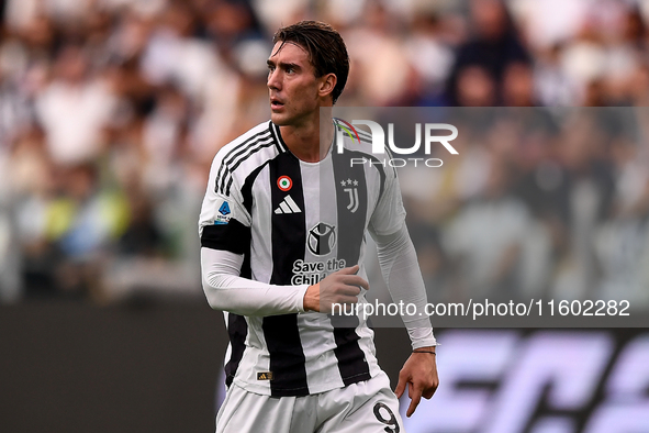 Dusan Vlahovic of Juventus looks on during the Serie A match between Juventus and Napoli at Allianz Stadium in Turin, Italy, on September 21...