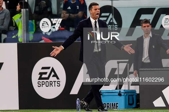 Thiago Motta, head coach of Juventus, reacts during the Serie A match between Juventus and Napoli at Allianz Stadium in Turin, Italy, on Sep...