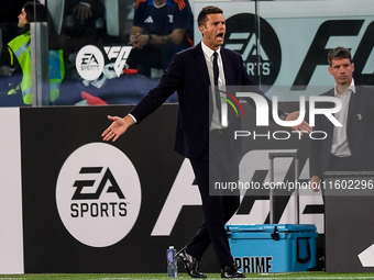 Thiago Motta, head coach of Juventus, reacts during the Serie A match between Juventus and Napoli at Allianz Stadium in Turin, Italy, on Sep...