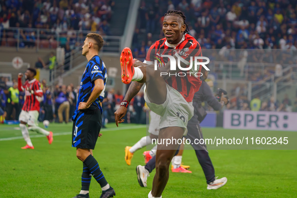 Rafael Leao celebrates a win during the match between FC Internazionale and AC Milan in Serie A at Giuseppe Meazza Stadium in Milan, Italy,...