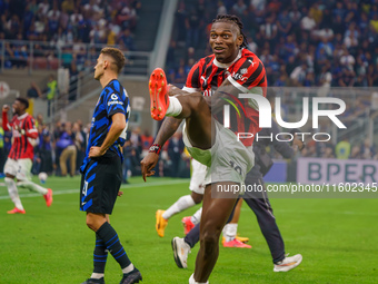 Rafael Leao celebrates a win during the match between FC Internazionale and AC Milan in Serie A at Giuseppe Meazza Stadium in Milan, Italy,...