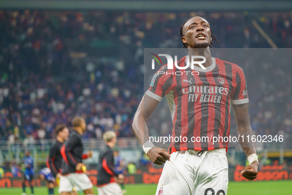 Tammy Abraham celebrates during the match between FC Internazionale and AC Milan in Serie A at Giuseppe Meazza Stadium in Milan, Italy, on S...