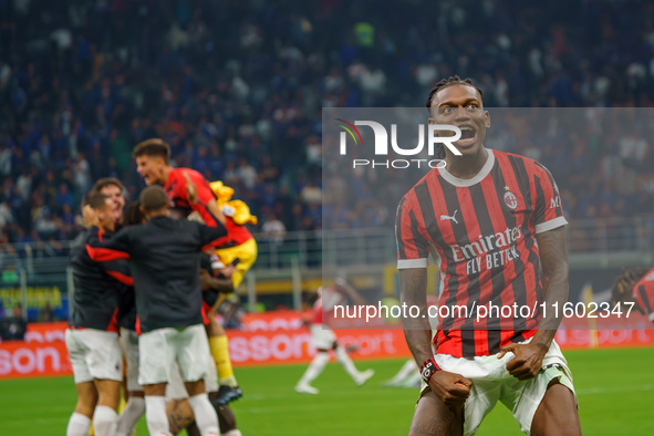 Rafael Leao celebrates a win during the match between FC Internazionale and AC Milan in Serie A at Giuseppe Meazza Stadium in Milan, Italy,...