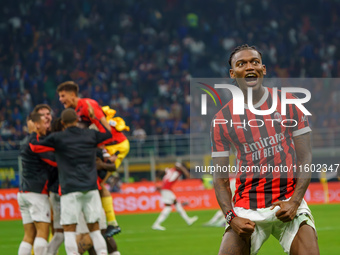 Rafael Leao celebrates a win during the match between FC Internazionale and AC Milan in Serie A at Giuseppe Meazza Stadium in Milan, Italy,...