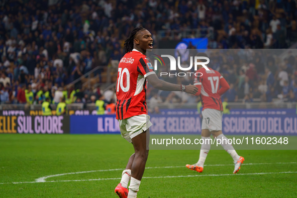 Rafael Leao celebrates a win during the match between FC Internazionale and AC Milan in Serie A at Giuseppe Meazza Stadium in Milan, Italy,...