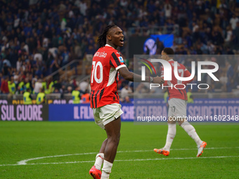 Rafael Leao celebrates a win during the match between FC Internazionale and AC Milan in Serie A at Giuseppe Meazza Stadium in Milan, Italy,...