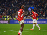 Rafael Leao celebrates a win during the match between FC Internazionale and AC Milan in Serie A at Giuseppe Meazza Stadium in Milan, Italy,...