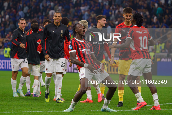 Tammy Abraham celebrates during the match between FC Internazionale and AC Milan in Serie A at Giuseppe Meazza Stadium in Milan, Italy, on S...