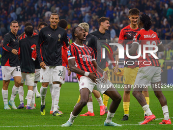 Tammy Abraham celebrates during the match between FC Internazionale and AC Milan in Serie A at Giuseppe Meazza Stadium in Milan, Italy, on S...