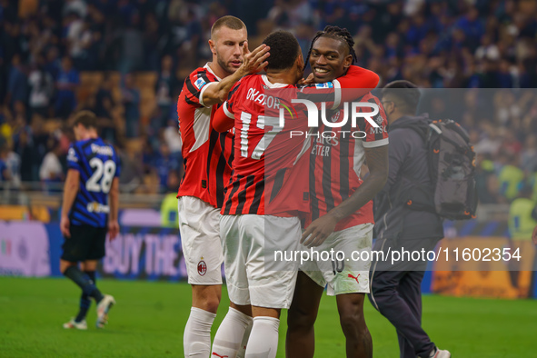 Rafael Leao celebrates a win during the match between FC Internazionale and AC Milan in Serie A at Giuseppe Meazza Stadium in Milan, Italy,...