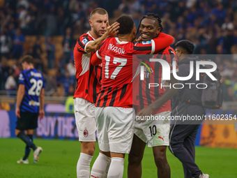 Rafael Leao celebrates a win during the match between FC Internazionale and AC Milan in Serie A at Giuseppe Meazza Stadium in Milan, Italy,...