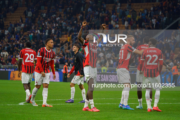 Rafael Leao celebrates a win during the match between FC Internazionale and AC Milan in Serie A at Giuseppe Meazza Stadium in Milan, Italy,...