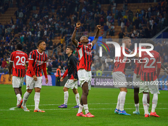 Rafael Leao celebrates a win during the match between FC Internazionale and AC Milan in Serie A at Giuseppe Meazza Stadium in Milan, Italy,...