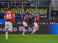 Christian Pulisic celebrates a goal during the match between FC Internazionale and AC Milan in Serie A at Giuseppe Meazza Stadium in Milan,...