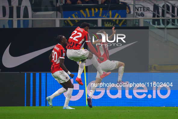 Christian Pulisic celebrates a goal during the match between FC Internazionale and AC Milan in Serie A at Giuseppe Meazza Stadium in Milan,...