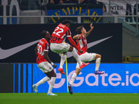 Christian Pulisic celebrates a goal during the match between FC Internazionale and AC Milan in Serie A at Giuseppe Meazza Stadium in Milan,...