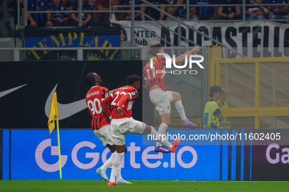 Christian Pulisic celebrates a goal during the match between FC Internazionale and AC Milan in Serie A at Giuseppe Meazza Stadium in Milan,...