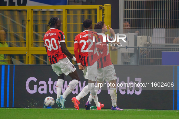 Christian Pulisic celebrates a goal during the match between FC Internazionale and AC Milan in Serie A at Giuseppe Meazza Stadium in Milan,...