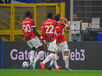 Christian Pulisic celebrates a goal during the match between FC Internazionale and AC Milan in Serie A at Giuseppe Meazza Stadium in Milan,...