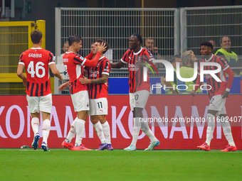 Christian Pulisic celebrates a goal during the match between FC Internazionale and AC Milan in Serie A at Giuseppe Meazza Stadium in Milan,...