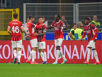 Christian Pulisic celebrates a goal during the match between FC Internazionale and AC Milan in Serie A at Giuseppe Meazza Stadium in Milan,...