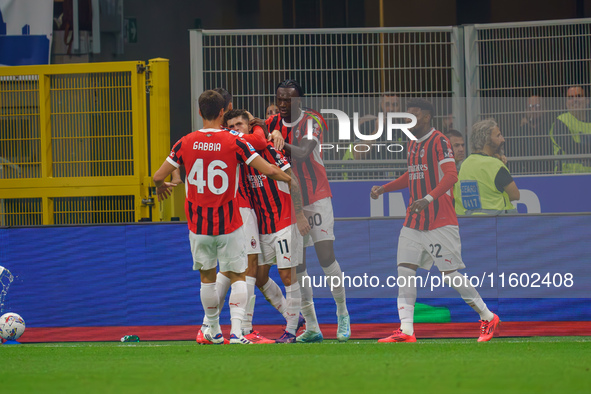 Christian Pulisic celebrates a goal during the match between FC Internazionale and AC Milan in Serie A at Giuseppe Meazza Stadium in Milan,...