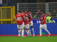 Christian Pulisic celebrates a goal during the match between FC Internazionale and AC Milan in Serie A at Giuseppe Meazza Stadium in Milan,...