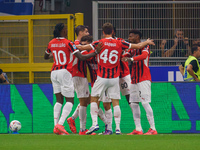 Christian Pulisic celebrates a goal during the match between FC Internazionale and AC Milan in Serie A at Giuseppe Meazza Stadium in Milan,...