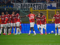 Christian Pulisic celebrates a goal during the match between FC Internazionale and AC Milan in Serie A at Giuseppe Meazza Stadium in Milan,...