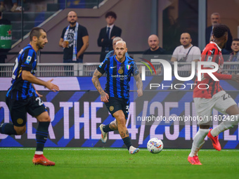 Federico Dimarco participates in the match between FC Internazionale and AC Milan, Serie A, at Giuseppe Meazza Stadium in Milan, Italy, on S...