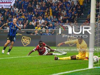 Federico Dimarco scores a goal during the match between FC Internazionale and AC Milan in Serie A at Giuseppe Meazza Stadium in Milan, Italy...