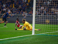 Federico Dimarco scores a goal during the match between FC Internazionale and AC Milan in Serie A at Giuseppe Meazza Stadium in Milan, Italy...