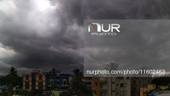 Dark rain clouds hover in the sky above Bhubaneswar, Odisha, India, before a downpour following a new low-pressure formation in the Bay of B...