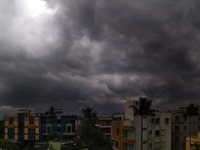 Dark rain clouds hover in the sky above Bhubaneswar, Odisha, India, before a downpour following a new low-pressure formation in the Bay of B...