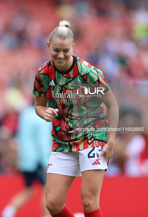 Alessia Russo smiles during warm-up before the Barclays FA Women's Super League match between Arsenal and Manchester City at the Emirates St...